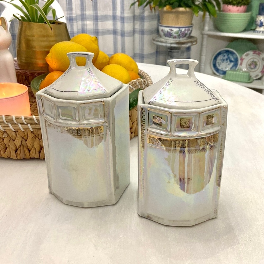 Vintage White Gold Iridescent Lusterware Germany Canister Lot
